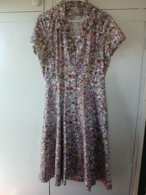 J. Peterman Cotton Short-Sleeve Midi  Pocket Multicolored Floral Dress SZ 10